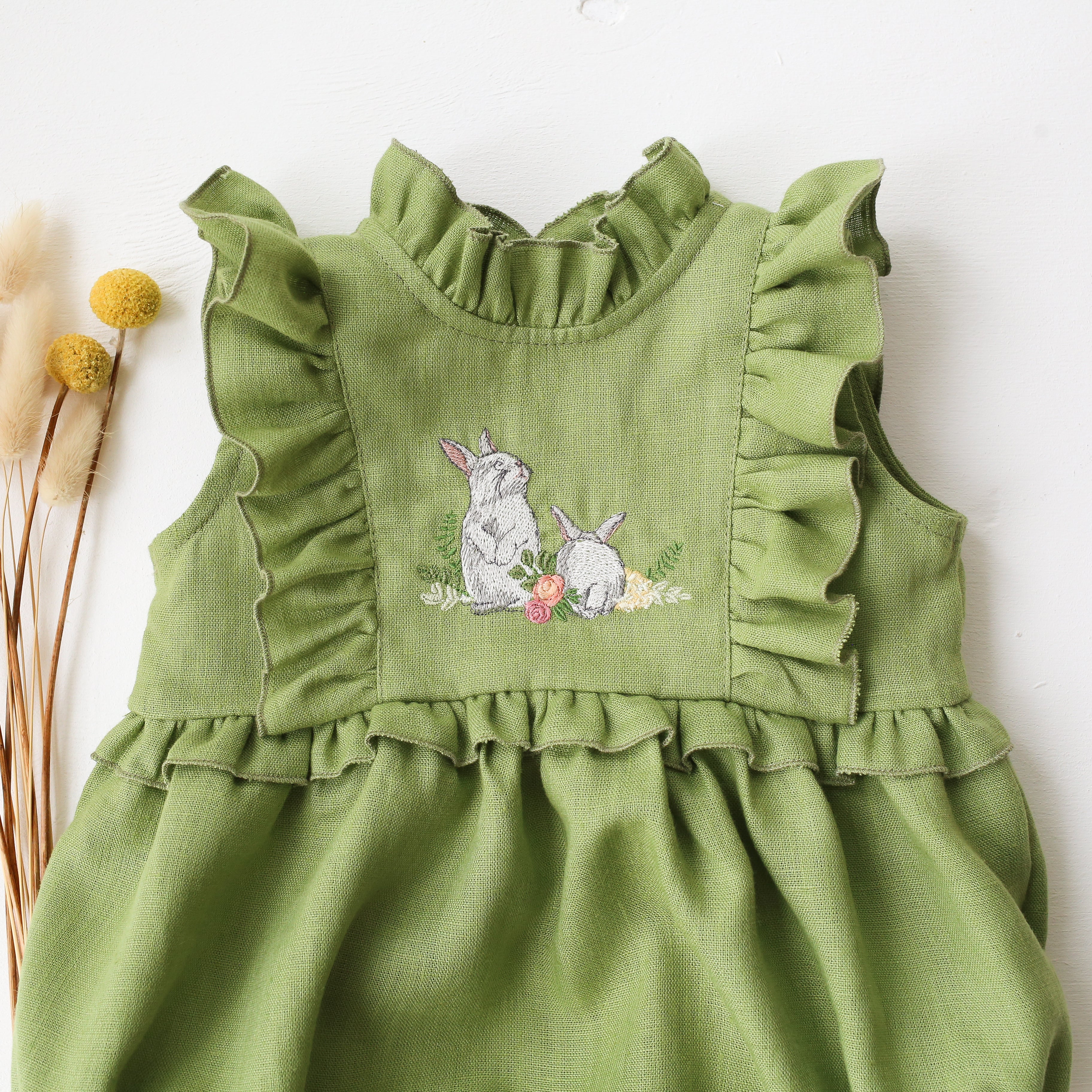Meadow Green Linen Frills Bodice Bubble Playsuit with “Bunnies & Blossoms” Embroidery