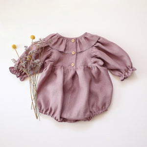 Pale Lilac Linen Puff Sleeve Ruffle Collar Bubble Playsuit