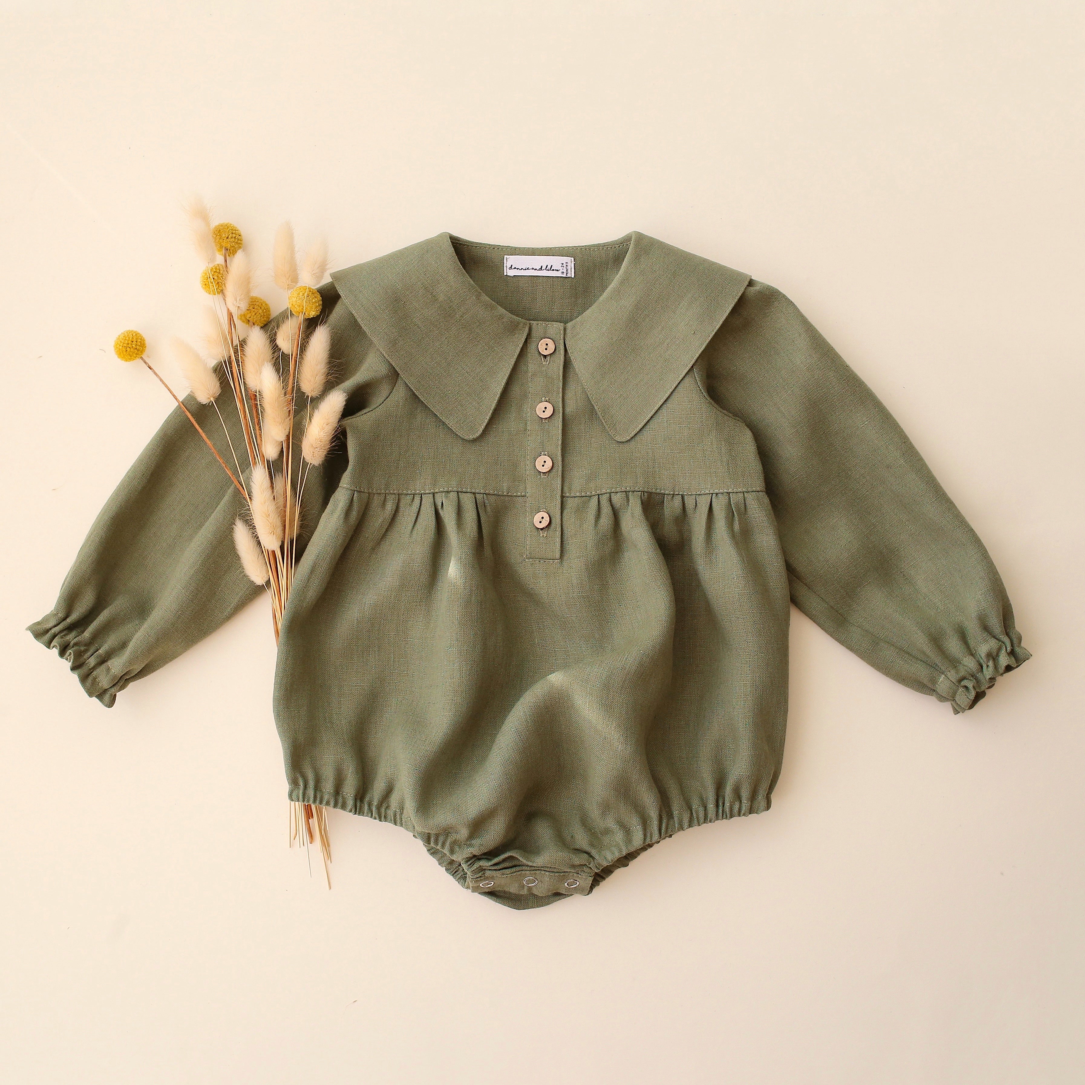 Olive Linen Long Sleeve Pointed Collar Bubble Playsuit