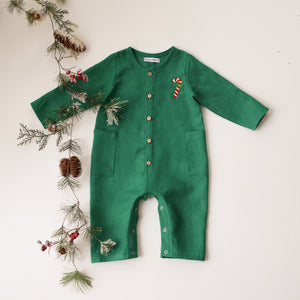 Emerald Green Linen Long Sleeve Buttoned Jumpsuit with "Christmas Candy Cane" Embroidery