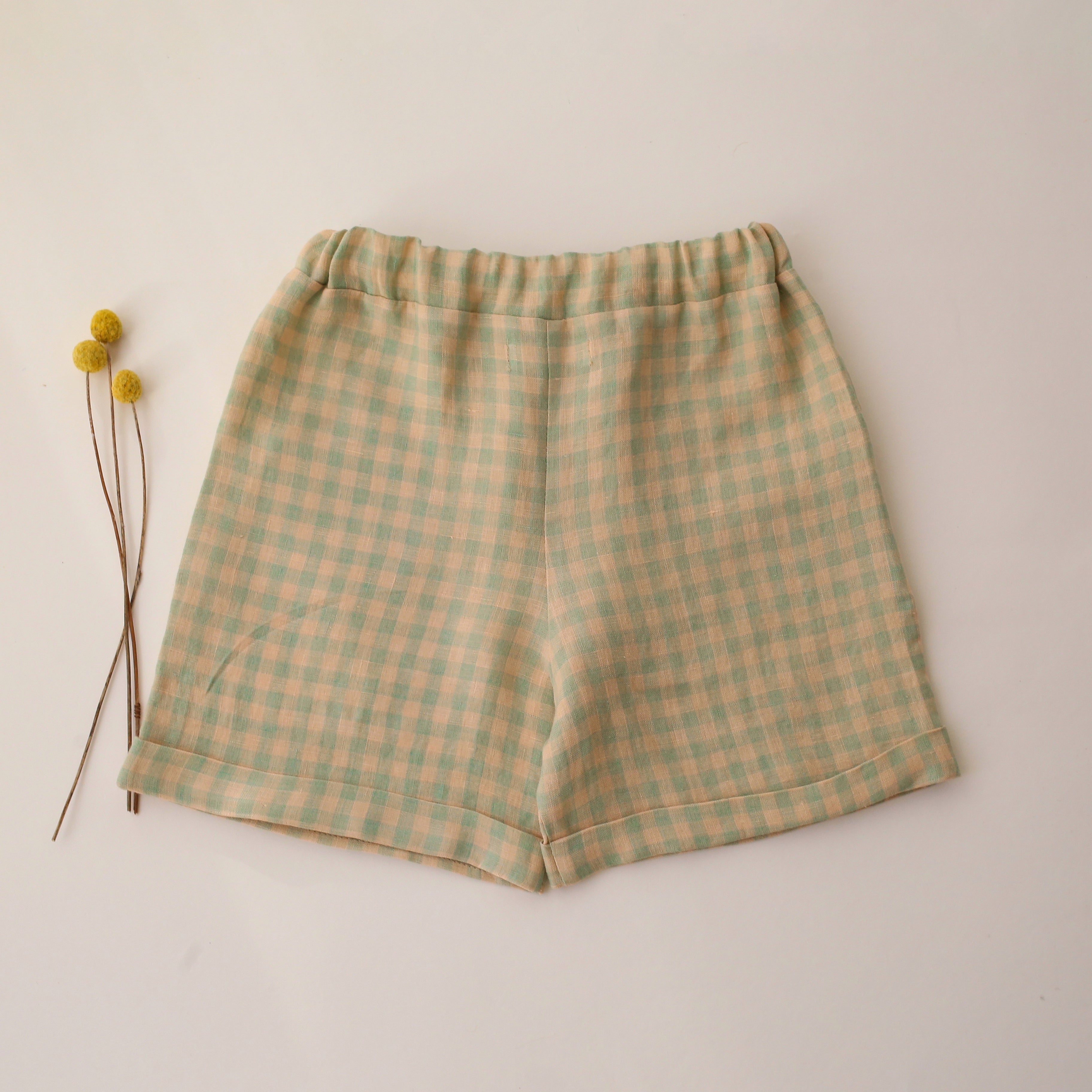 Green Gingham Linen Cuffed Shorts