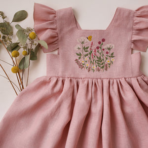 Powder Linen Flutter Sleeve Square Neckline Dress with "Wildflowers with Butterfly" Embroidery