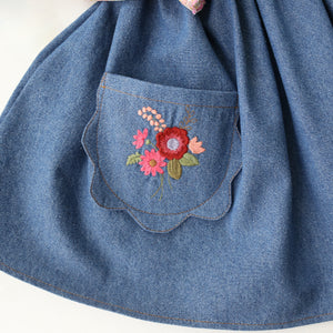 Dark Blue Denim Straps Pinafore with Petal Pockets with “Meadow Posy” Embroidery