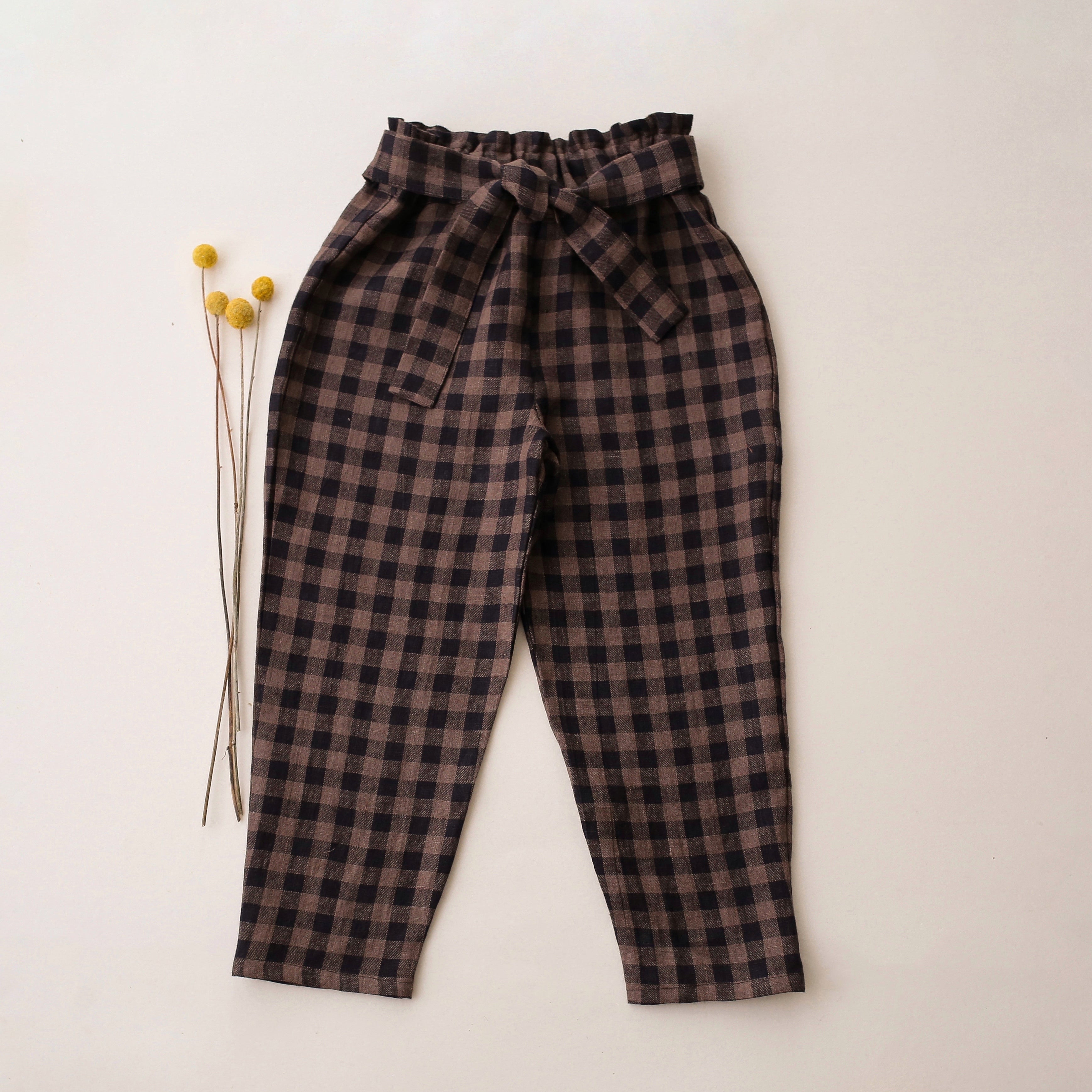 Taupe & Black Check Linen Belted Pants