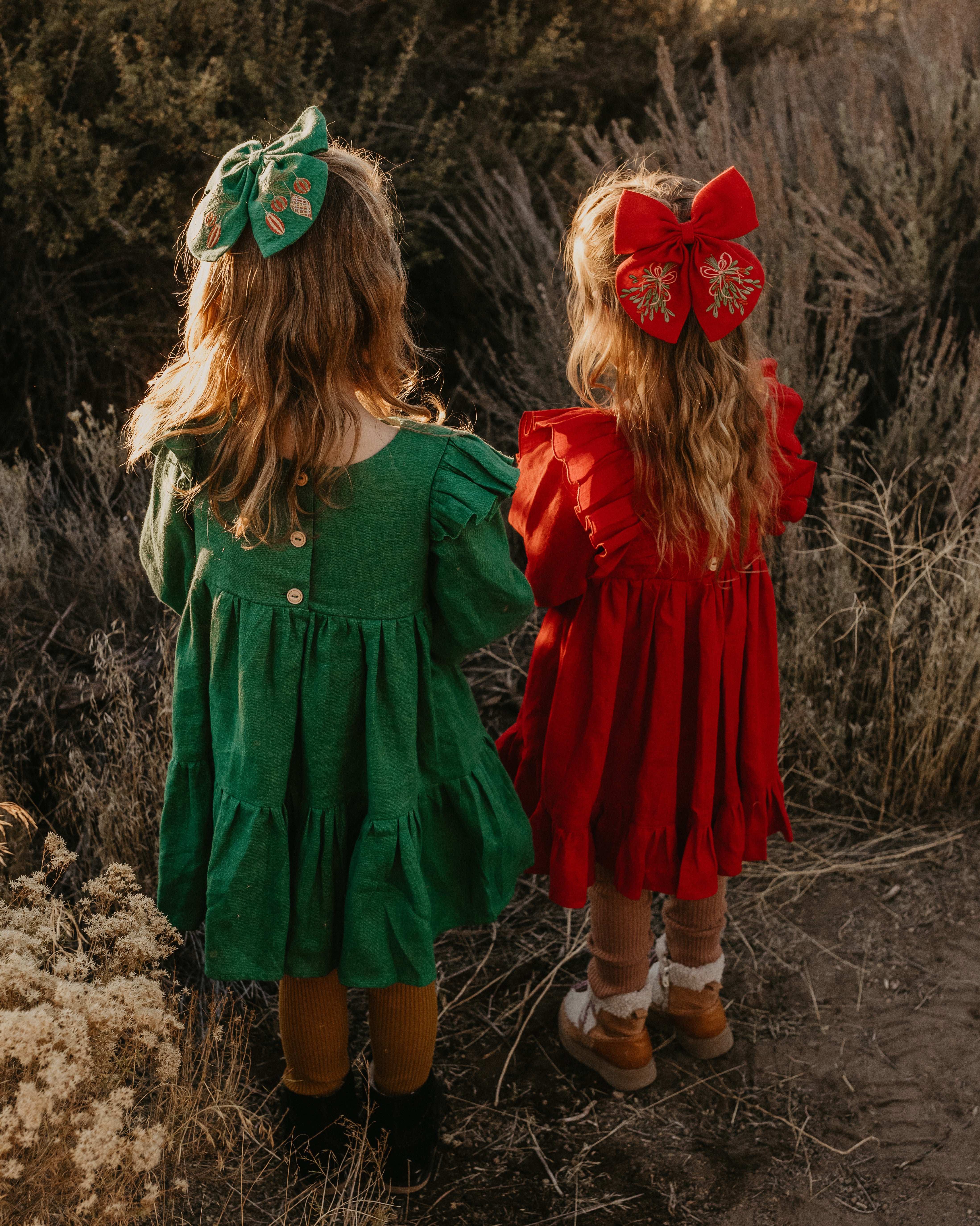 Embroidered Hair Bow with "Christmas Baubles" Embroidery in Emerald Green Linen