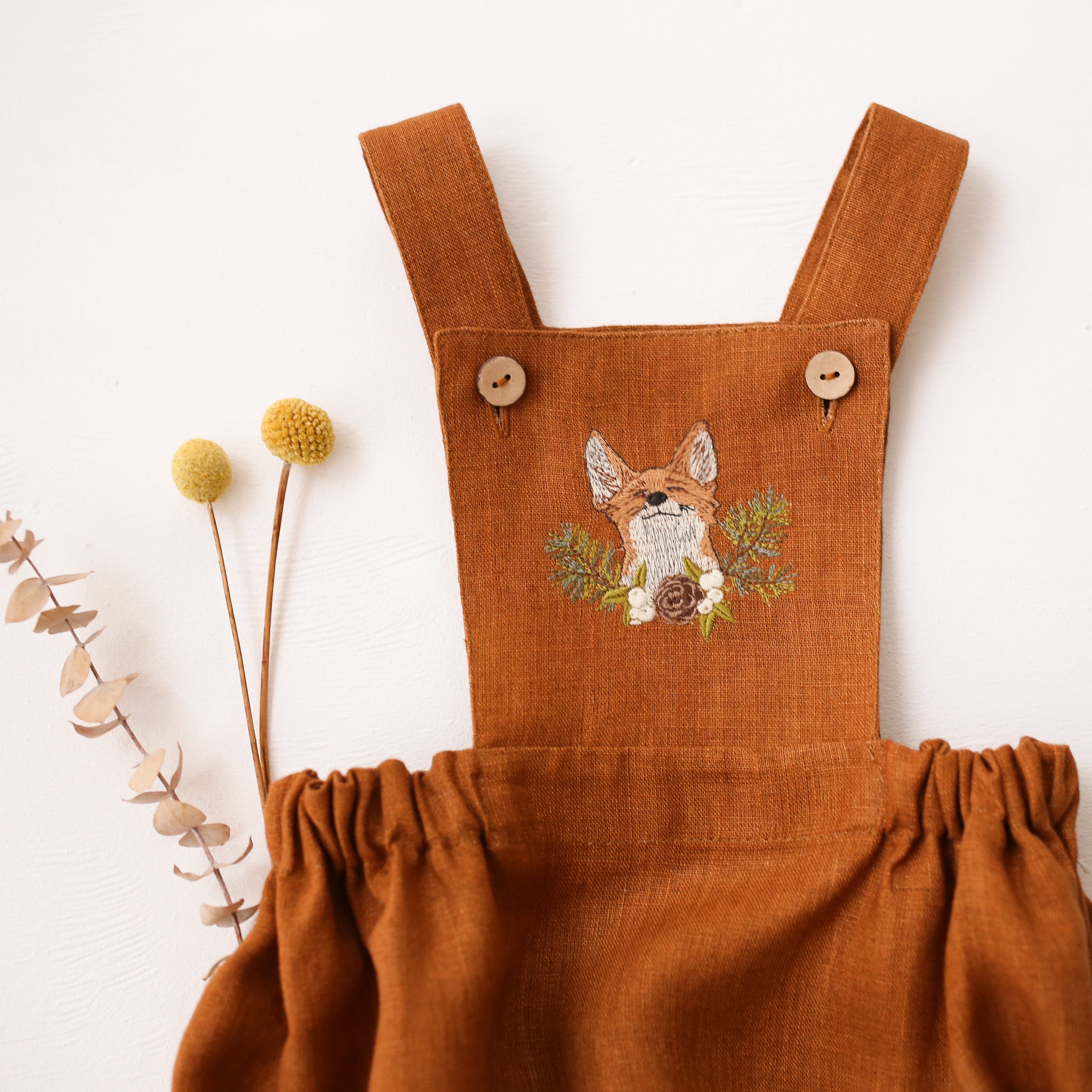 Burnt Orange Linen Pinafore Romper with “Fox with Pinecone” Embroidery