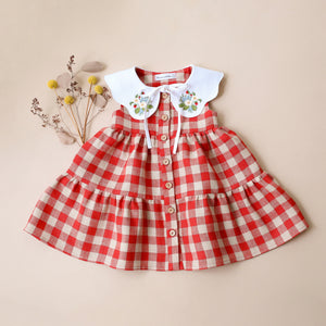 Cherry Check Linen Tiered Dress with Petal Collar in White Linen with "Strawberry Bouquet" Embroidery