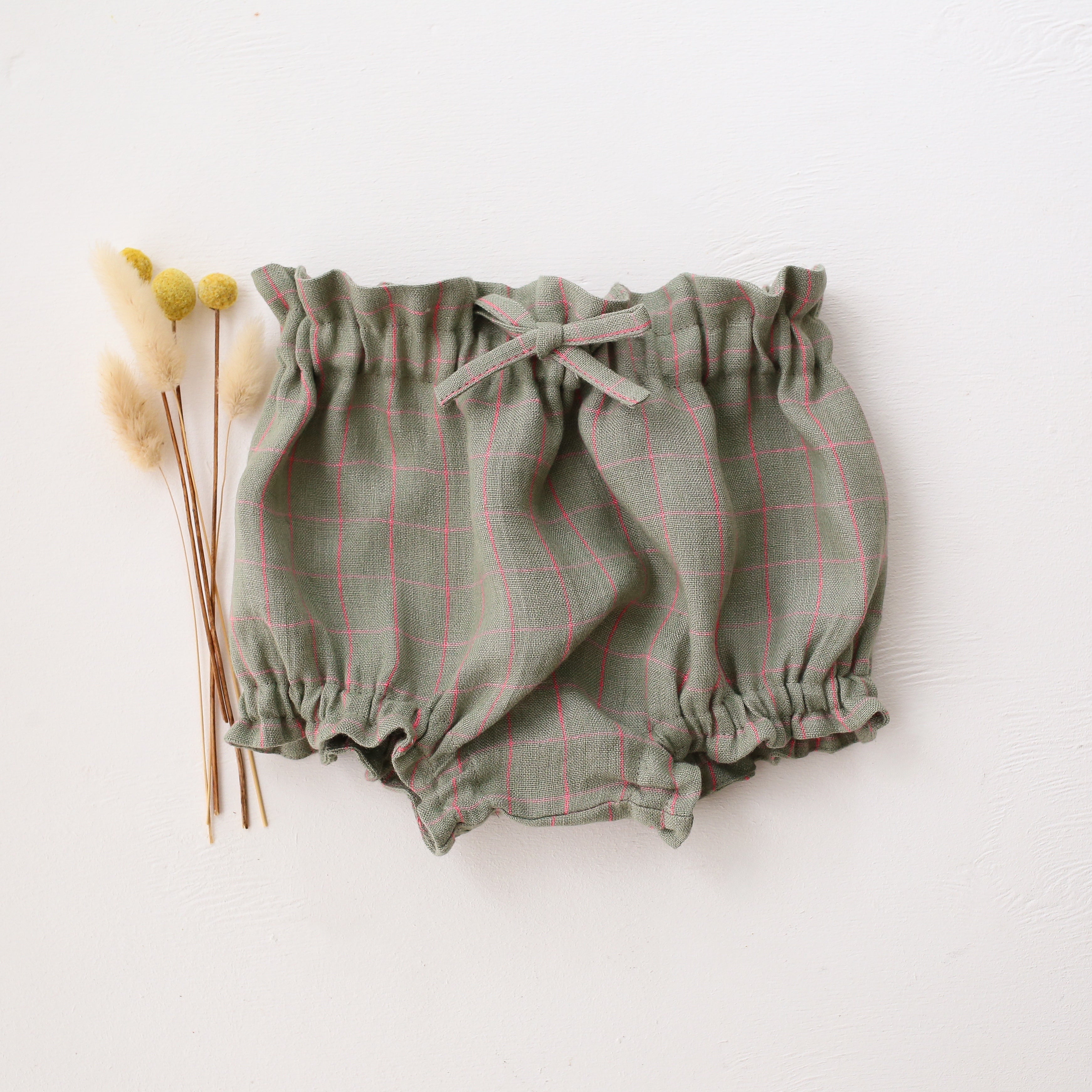 Mint & Pink Check Linen Frills Bloomers