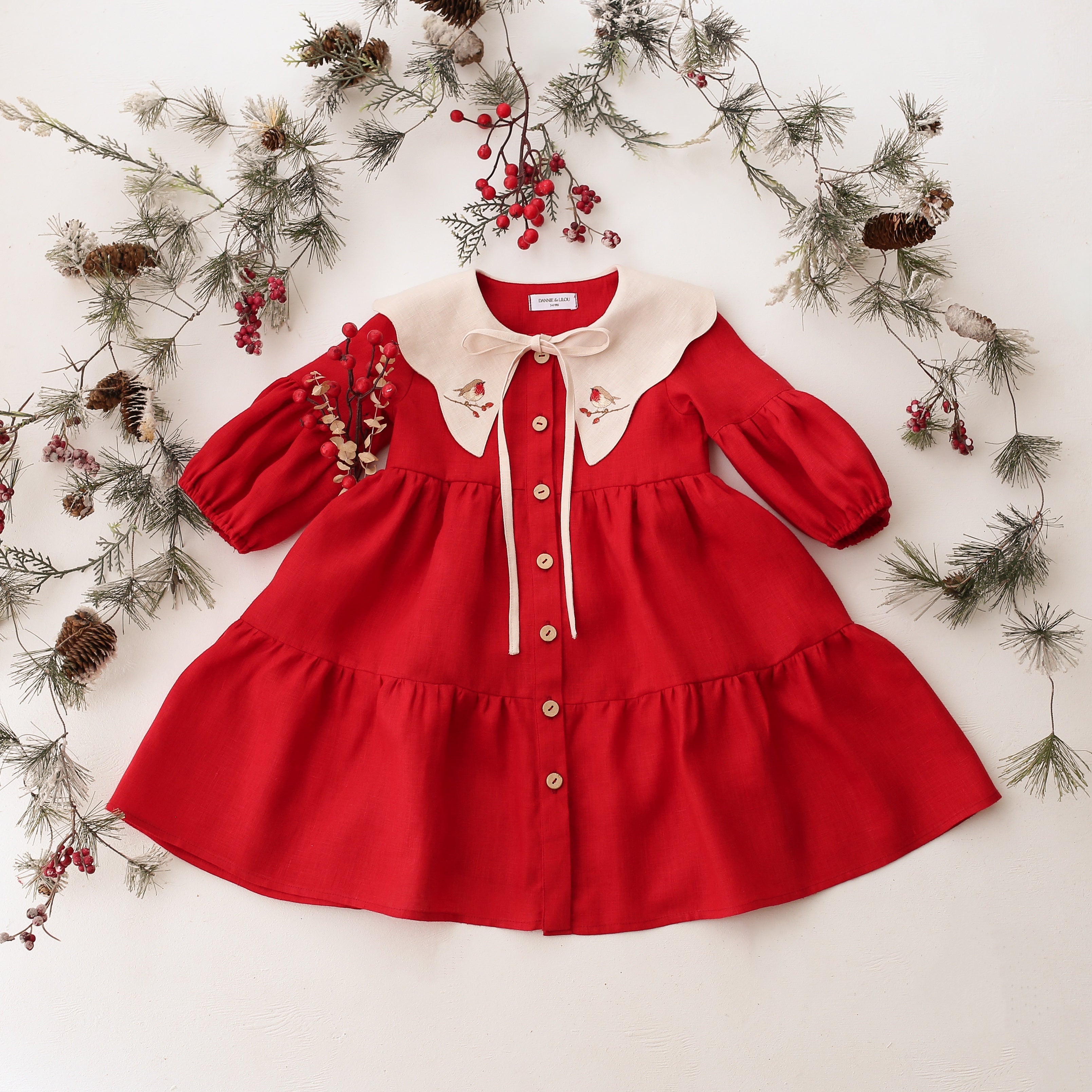 Scarlet Red Linen Lantern Sleeve Tiered Dress with Scalloped Collar in Ivory Linen with "Christmas Robin" Embroidery