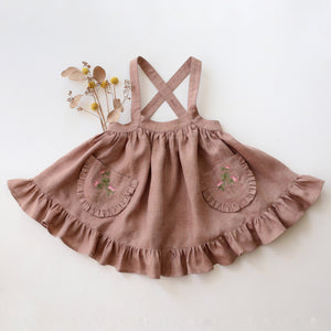 Rose Smoke Linen Straps Pinafore with Frills with “Clover Flower” Embroidery