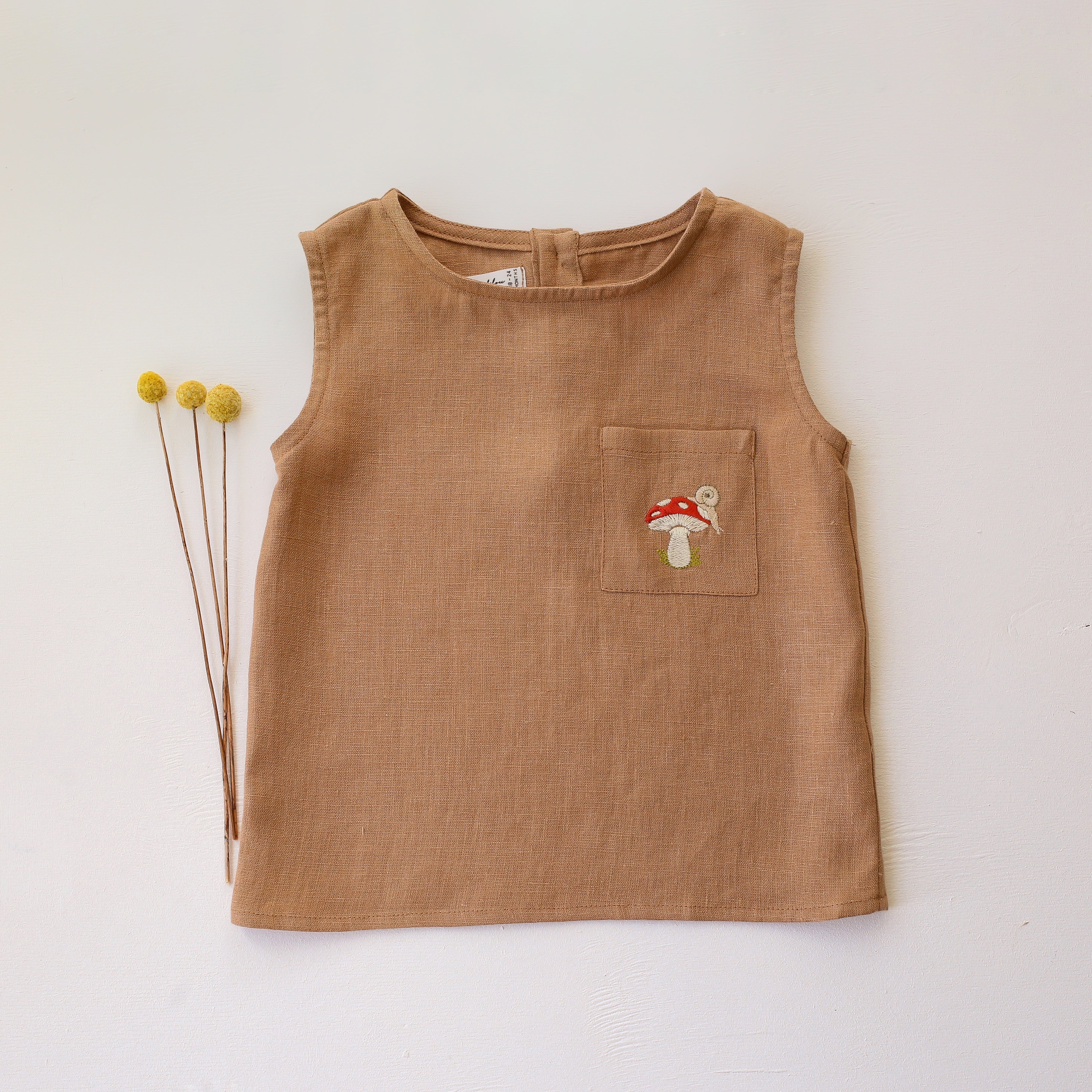 Latte Linen Relaxed Fit Tank Top with "Toadstool with Snail" Embroidery