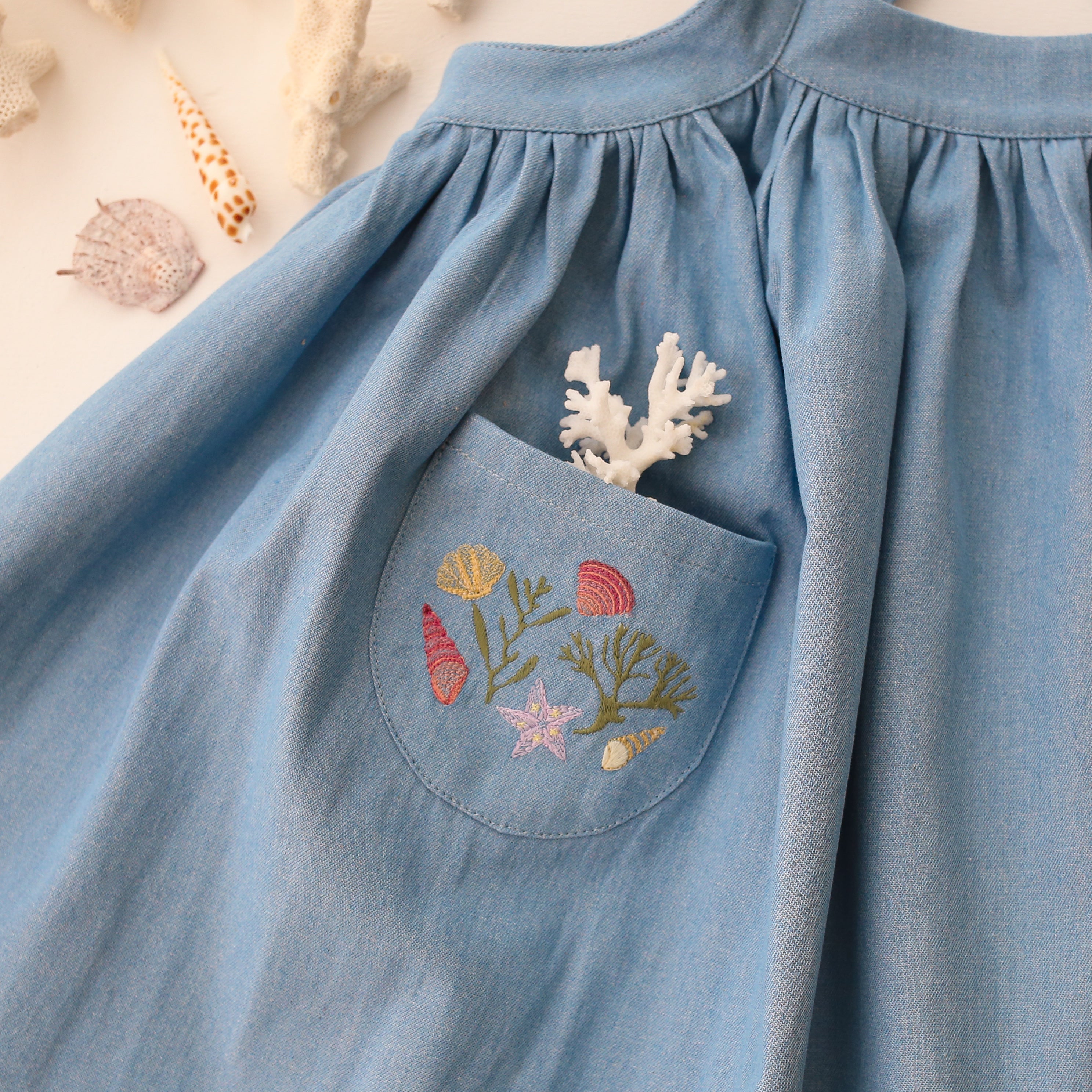 Light Blue Denim Straps Pinafore with Pockets with “Shells” Embroidery