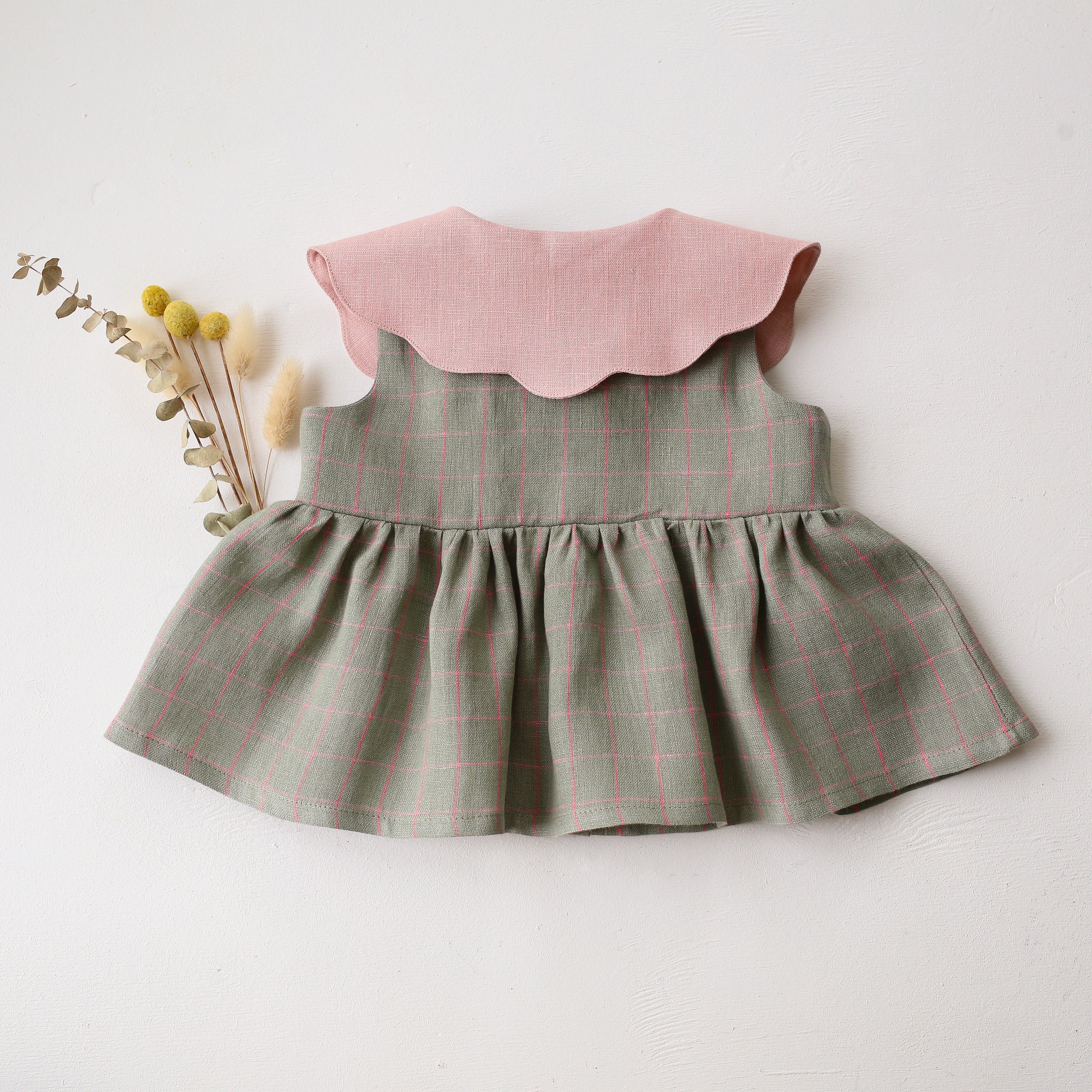 Mint & Pink Check Linen Top with with Petal Collar in Powder Linen with "Strawberry Bouquet" Embroidery