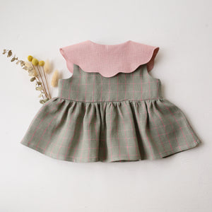 Mint & Pink Check Linen Top with with Petal Collar in Powder Linen with "Strawberry Bouquet" Embroidery