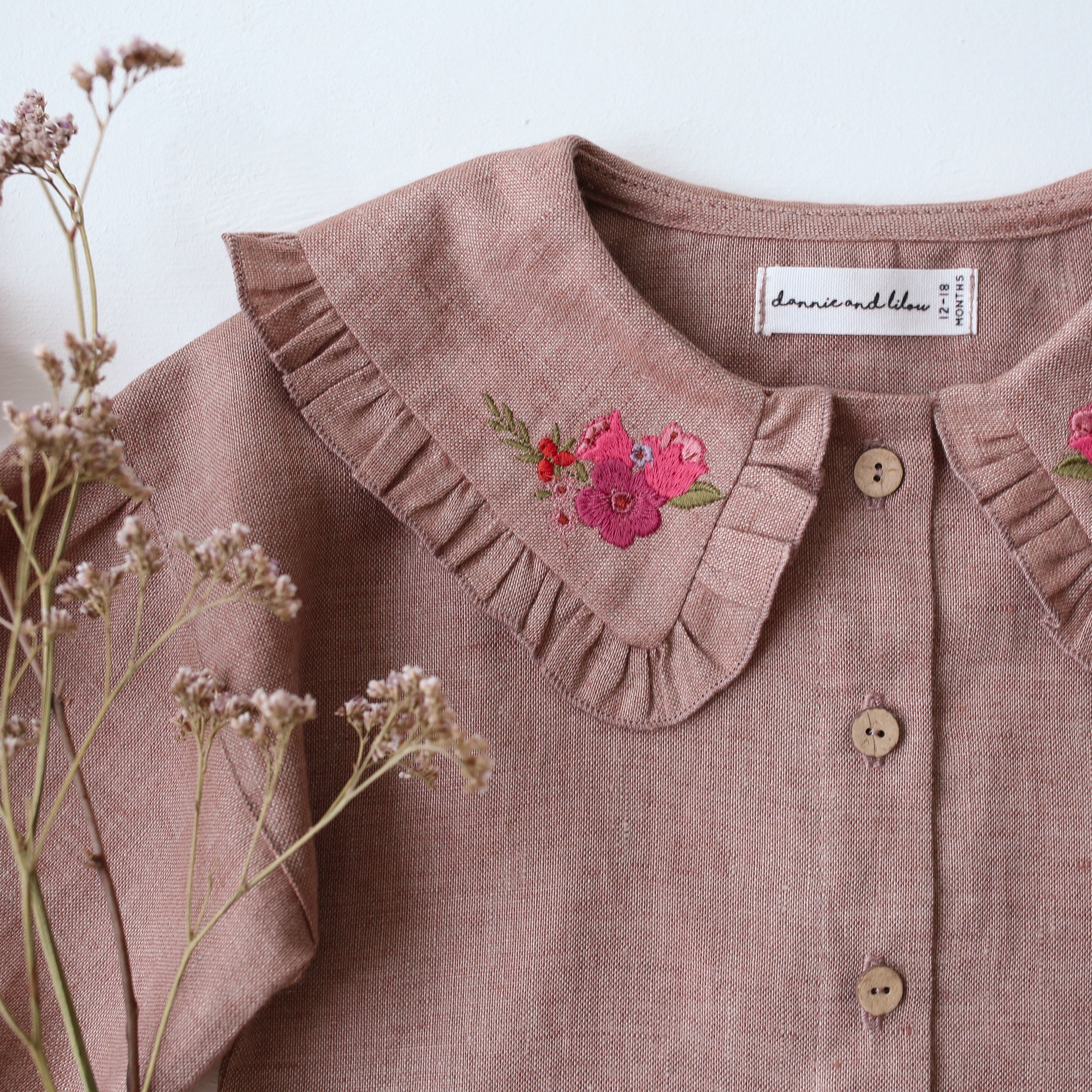 Rose Smoke Linen Frilled Collar Bubble Sleeve Blouse with "Mini Flowers" Embroidery