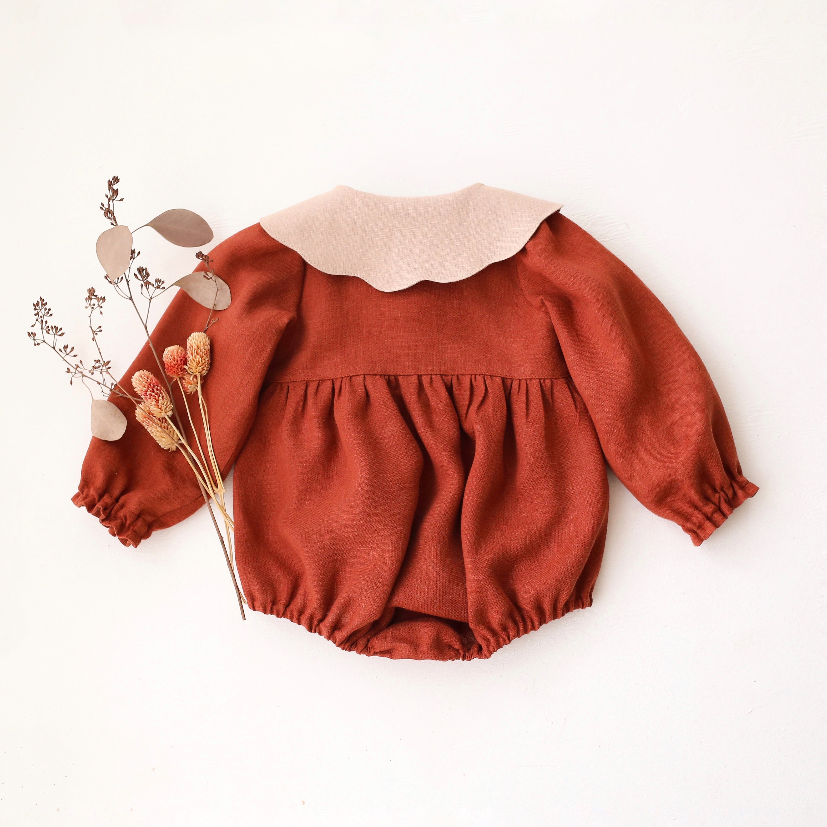 Rust Linen Long Sleeve Bubble Playsuit with Petal Collar in Beige Linen with “Mini Acorns” Embroidery