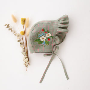 Mint & Pink Check Linen Ruffle Brimmed Bonnet with “Strawberry Bouquet” Embroidery