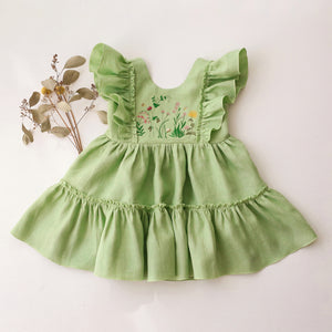 Spring Green Linen Ruffled Front Tiered Dress with “Fairy Wildflowers” Embroidery