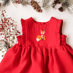 Scarlet Red Linen Dress with Ruffled Hem with "Fox in a Scarf" Embroidery