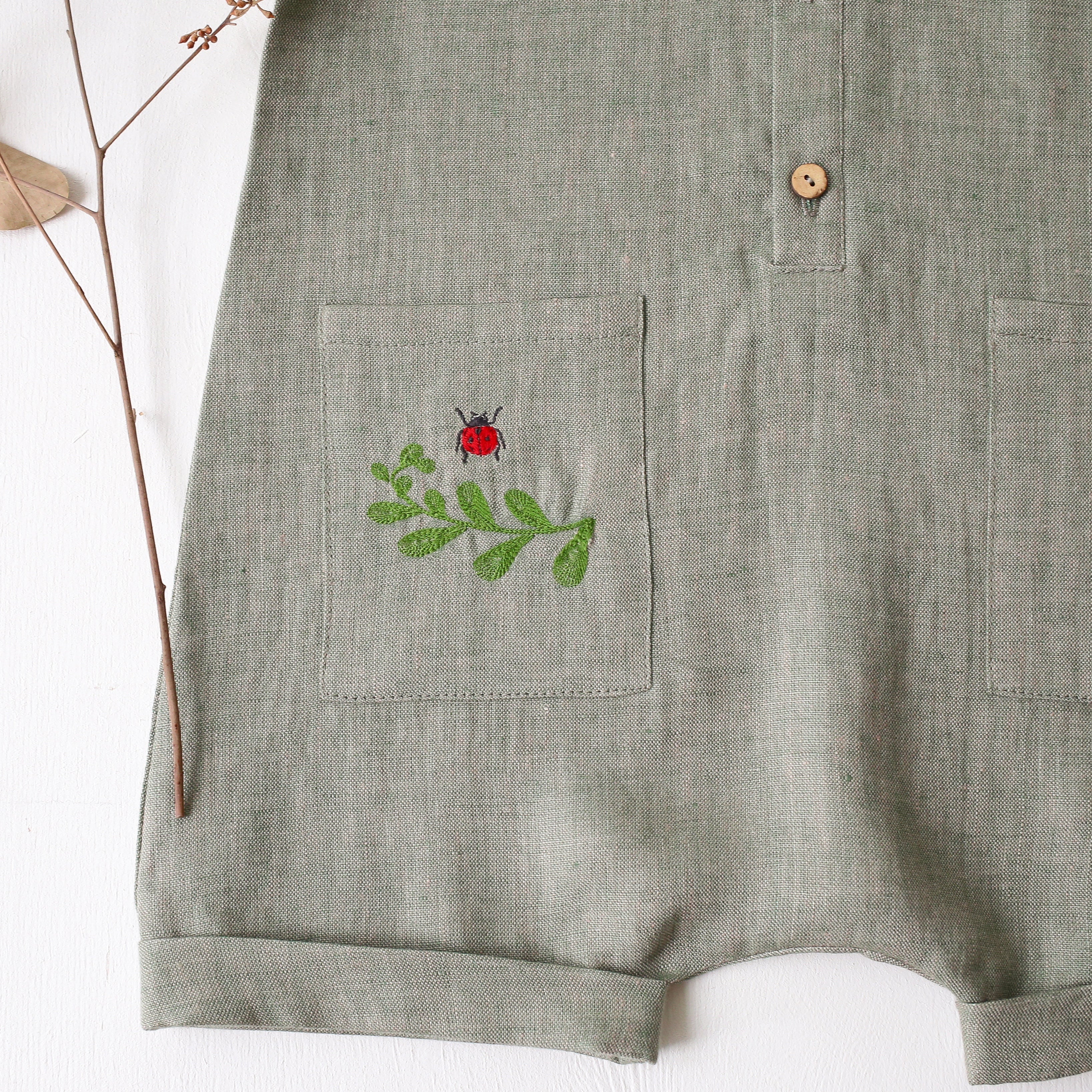 Green Smoke Linen Short Legs Jumpsuit | “Ladybug” Embroidery