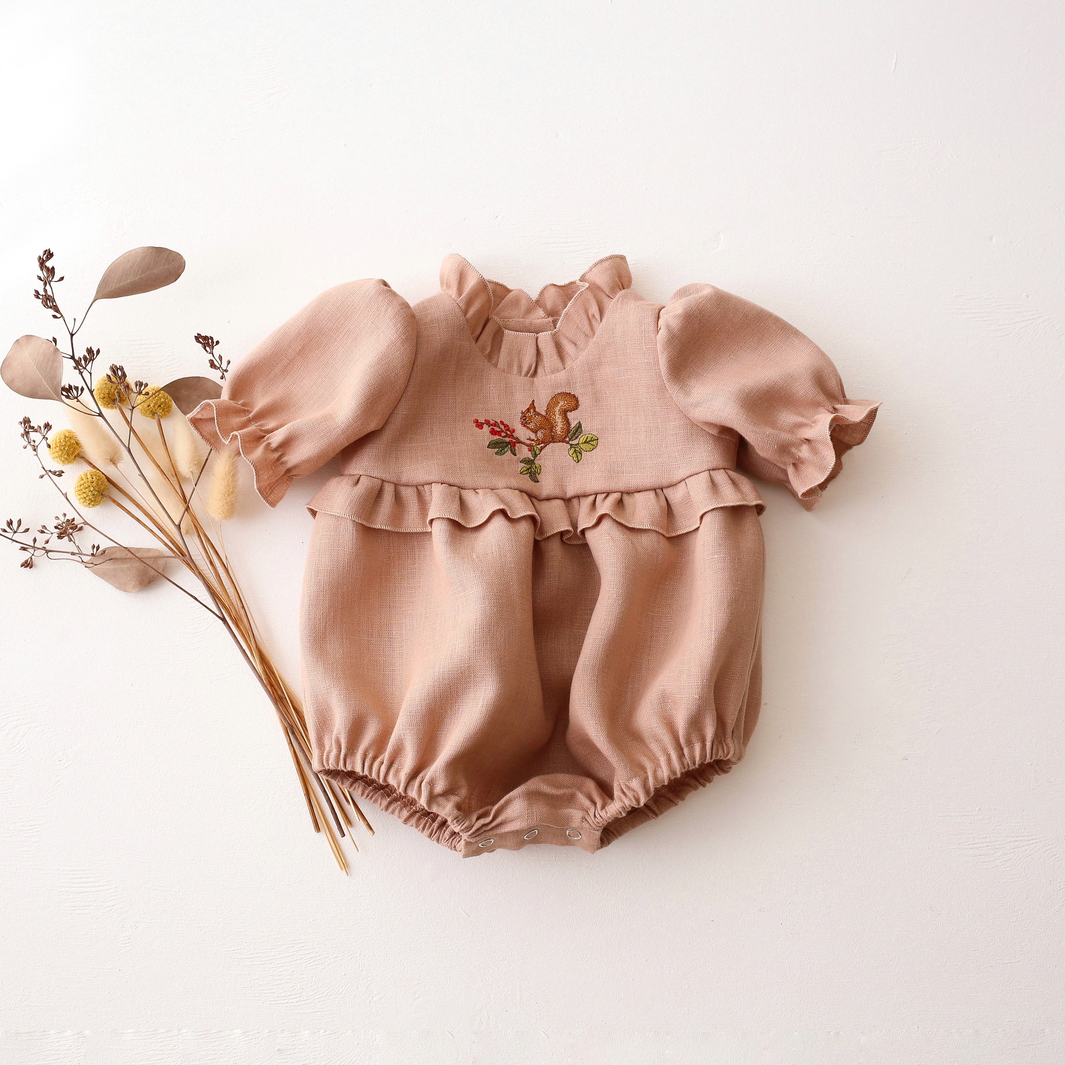 Clay Linen Short Sleeve Frills Bubble Playsuit with "Squirrel on Berry Branch" Embroidery