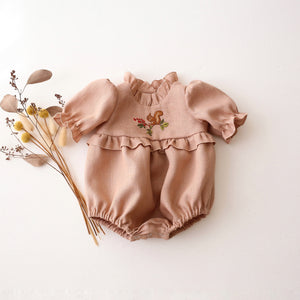 Clay Linen Short Sleeve Frills Bubble Playsuit with "Squirrel on Berry Branch" Embroidery