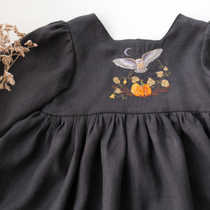 Black Linen 3/4 Length Sleeve Square Neckline Dress with "Halloween Owl” Embroidery