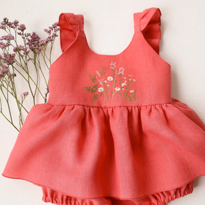 Coral Linen Flutter Sleeve Bubble Playsuit with Skirt with "Romantic Field" Embroidery