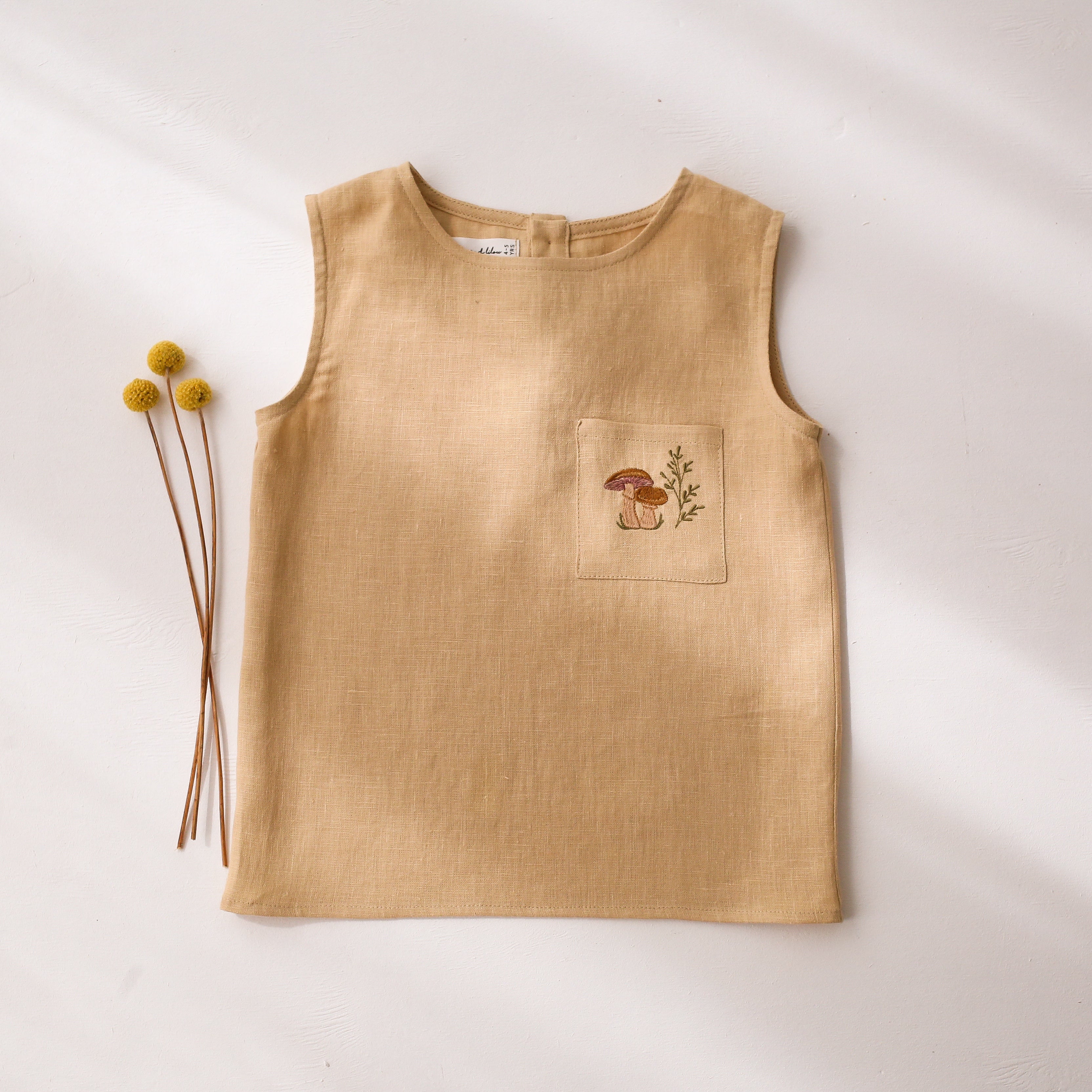 Melon Linen Relaxed Fit Tank Top with "Mushrooms" Embroidery