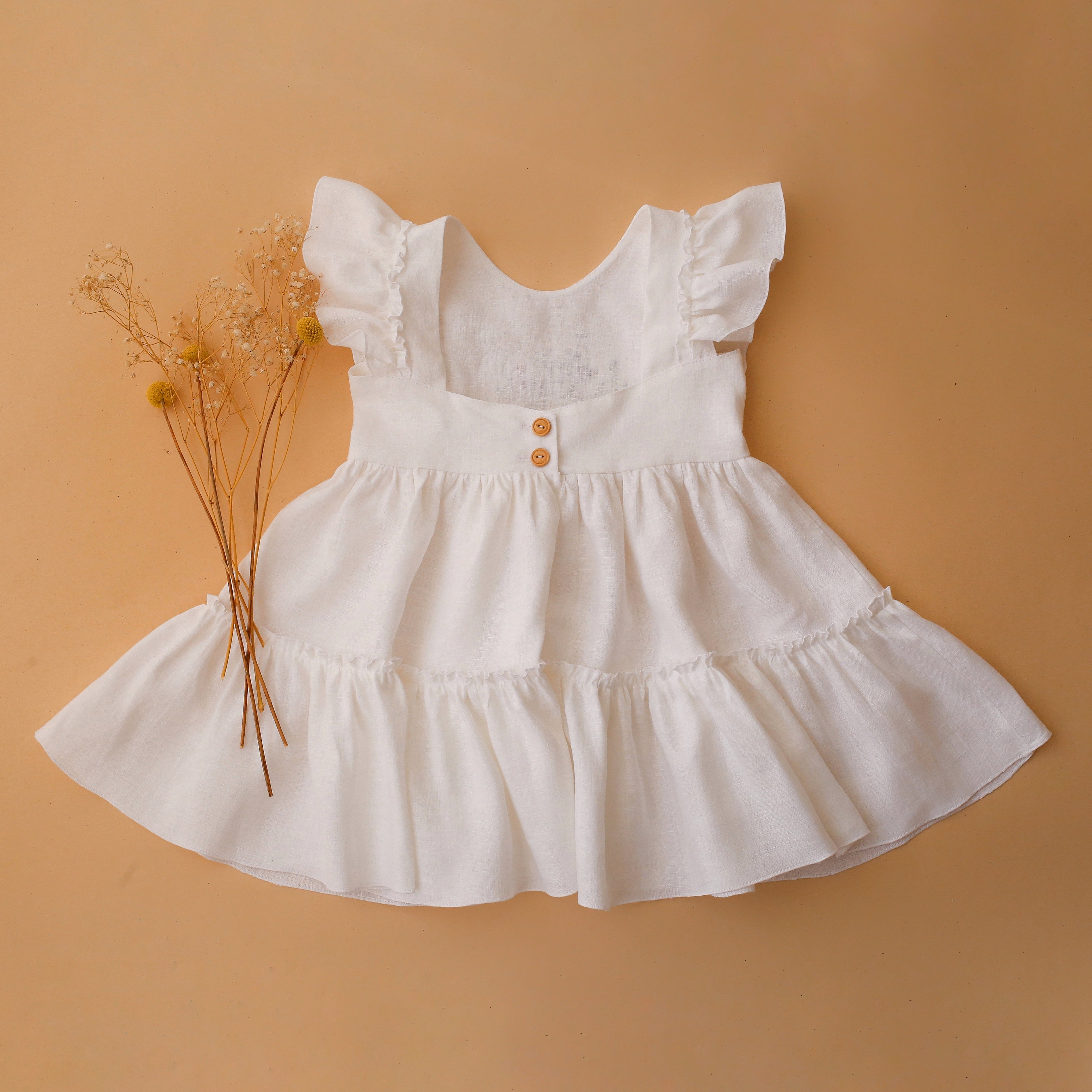 Milk Linen Ruffled Front Tiered Dress with “Meadow Flowers with Bee” Embroidery