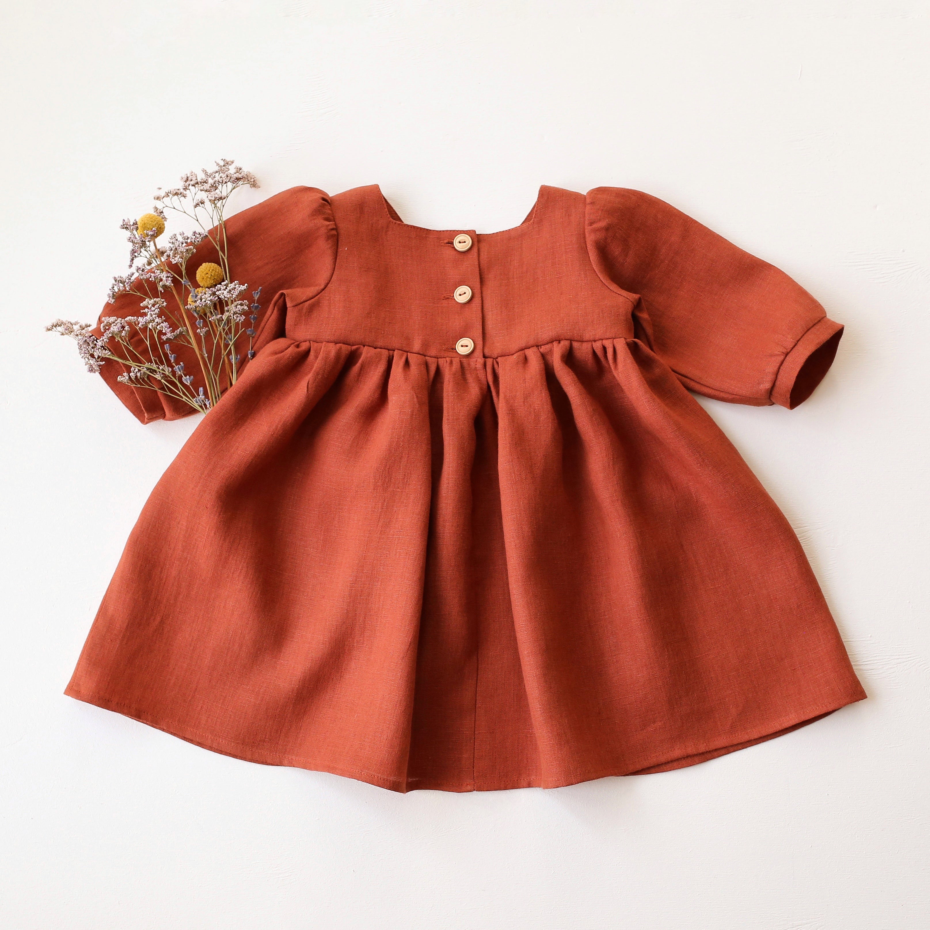 Rust Linen 3/4 Length Sleeve Square Neckline Dress with "Autumn Flowers" Embroidery