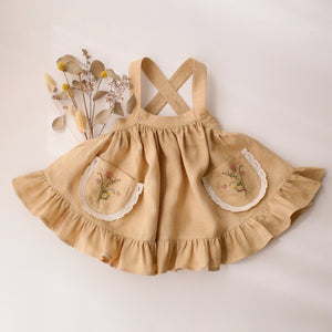 Melon Linen Straps Pinafore with Lace with “Bouquet #1” Embroidery