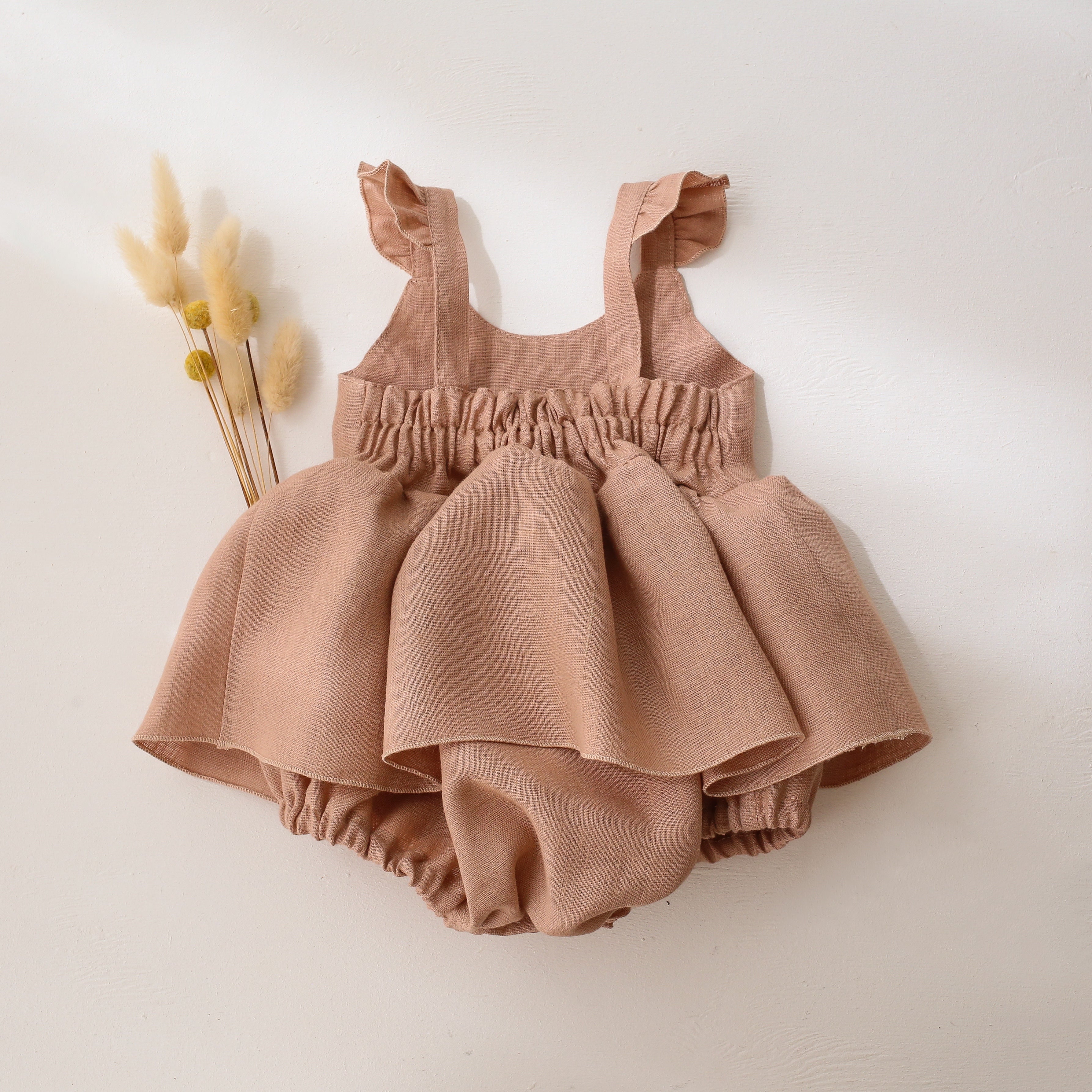 Clay Linen Flutter Sleeve Bubble Playsuit with Skirt with "Bunny in Daisy Wreath" Embroidery