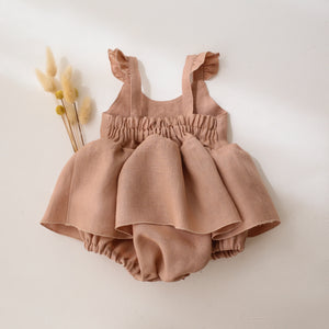 Clay Linen Flutter Sleeve Bubble Playsuit with Skirt with "Bunny in Daisy Wreath" Embroidery