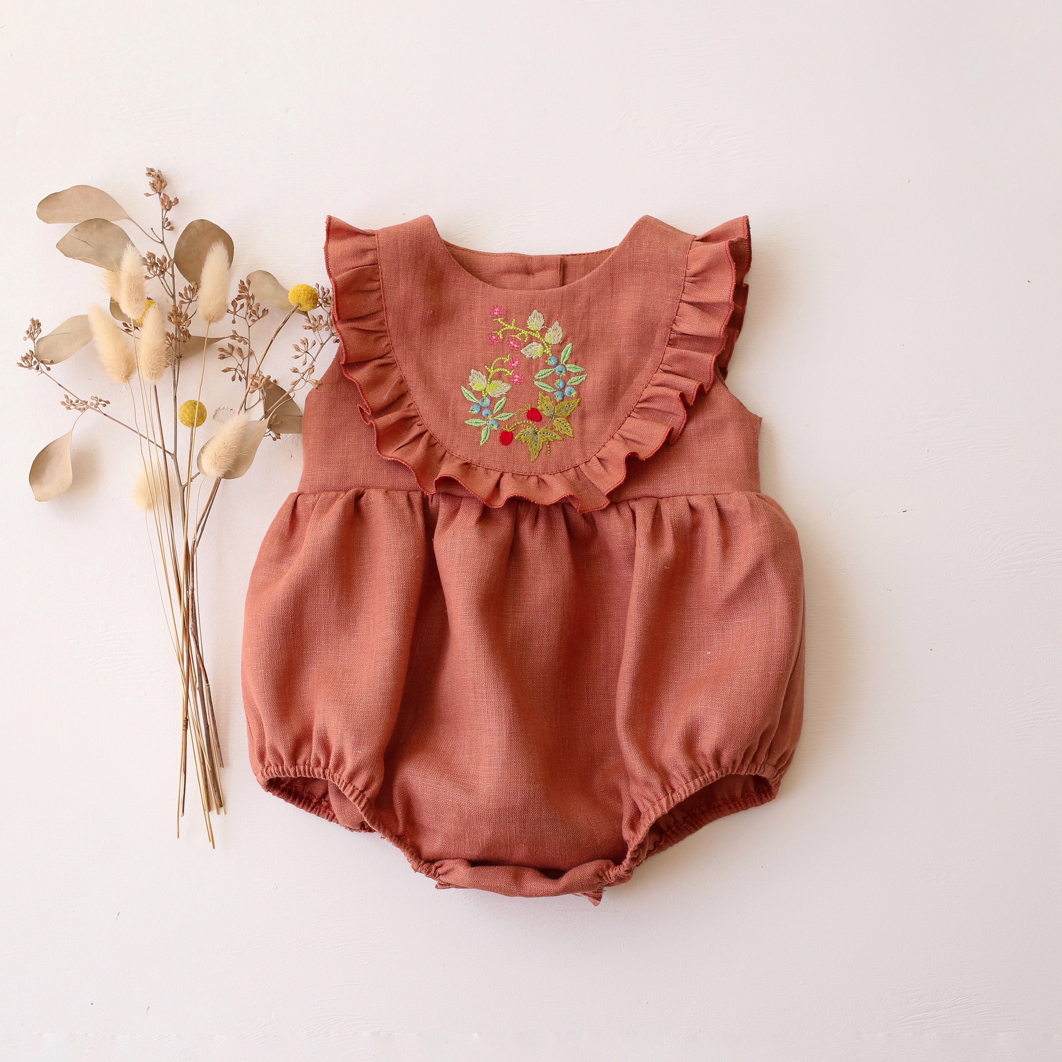 Rose Bouquet Linen Ruffled Bodice Bubble Playsuit with “Berries” Embroidery