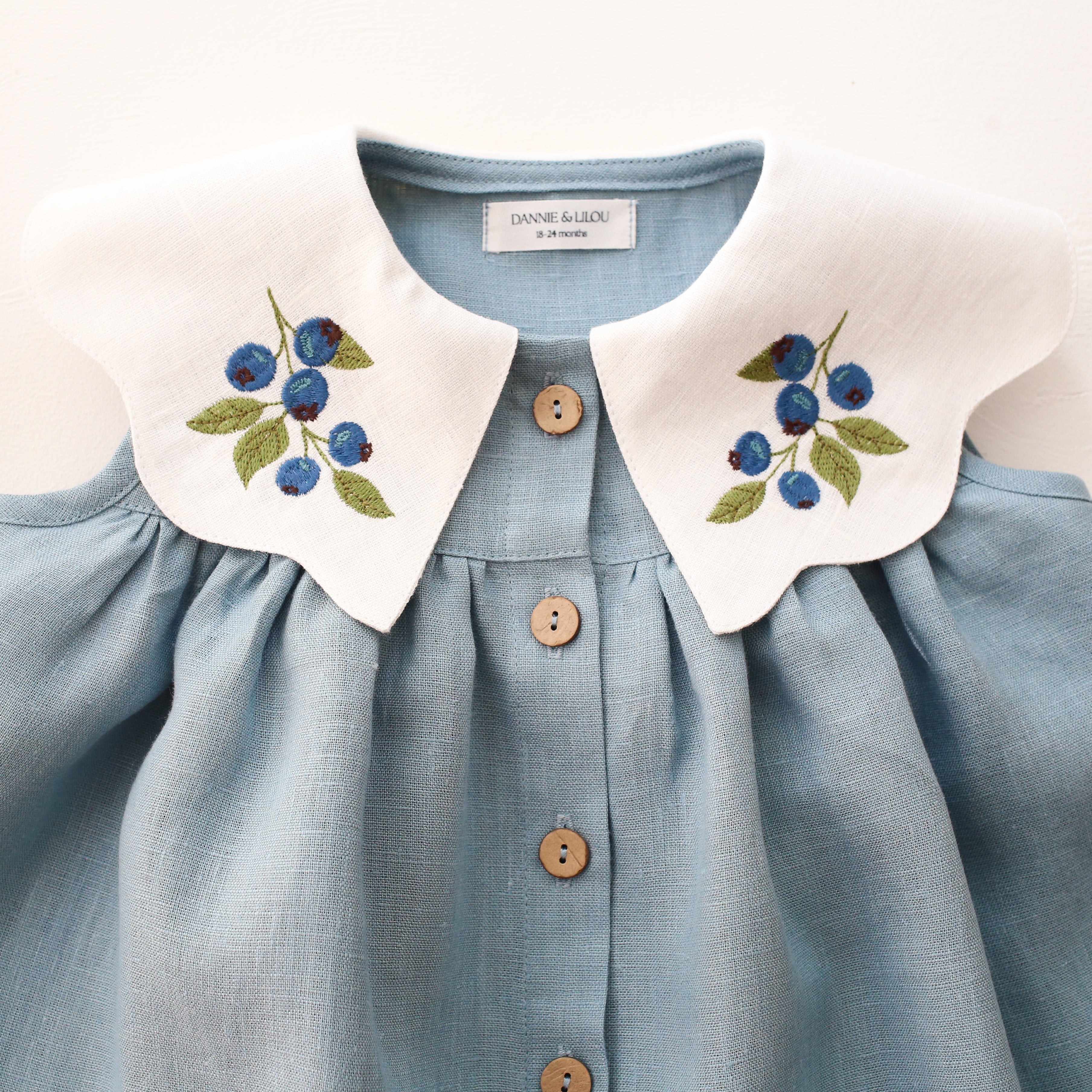 Chalky Blue Linen Button Front Dress with Scalloped Collar in White Li – Dannie and Lilou