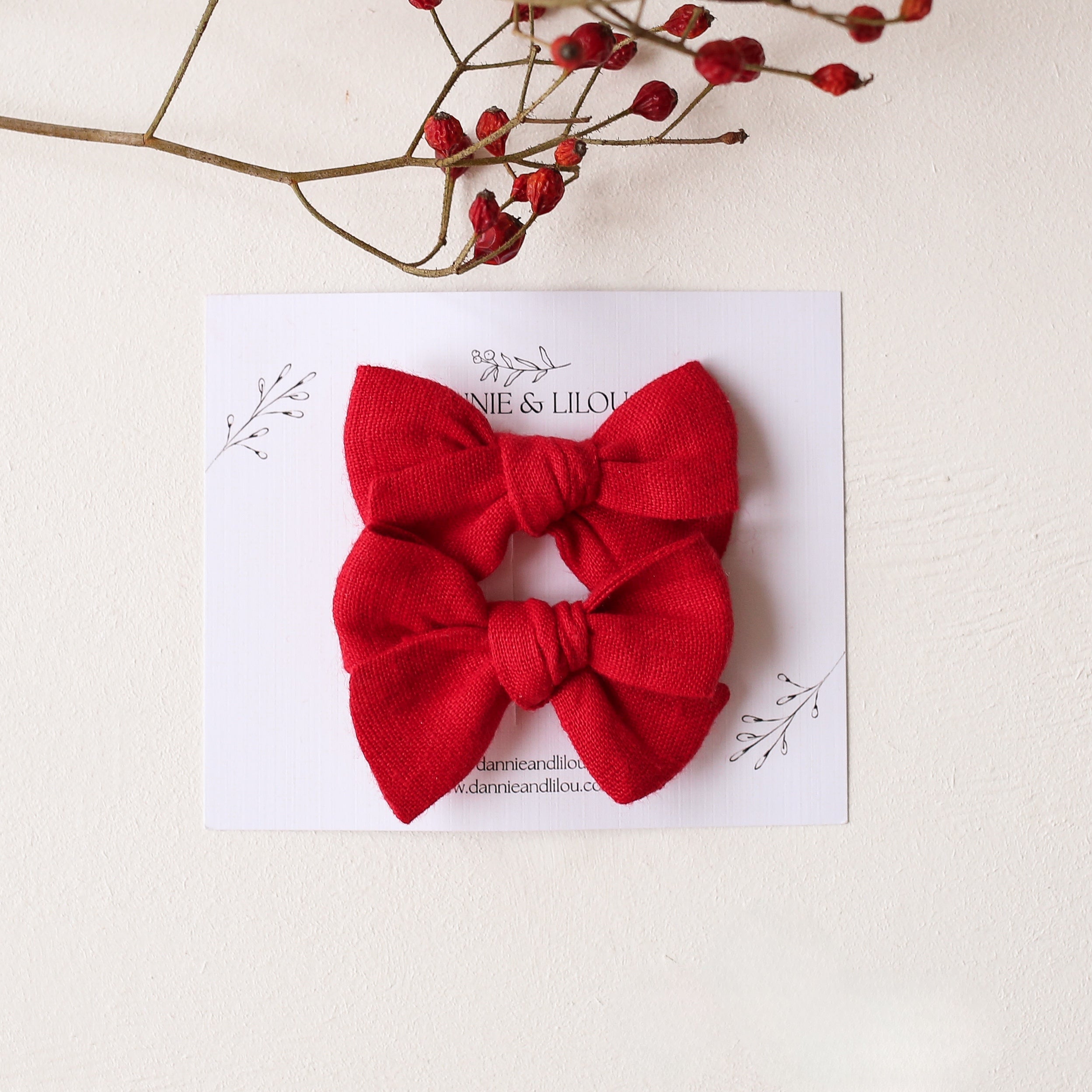 Pigtail Set - Everly Hair Bows in Scarlet Red Linen