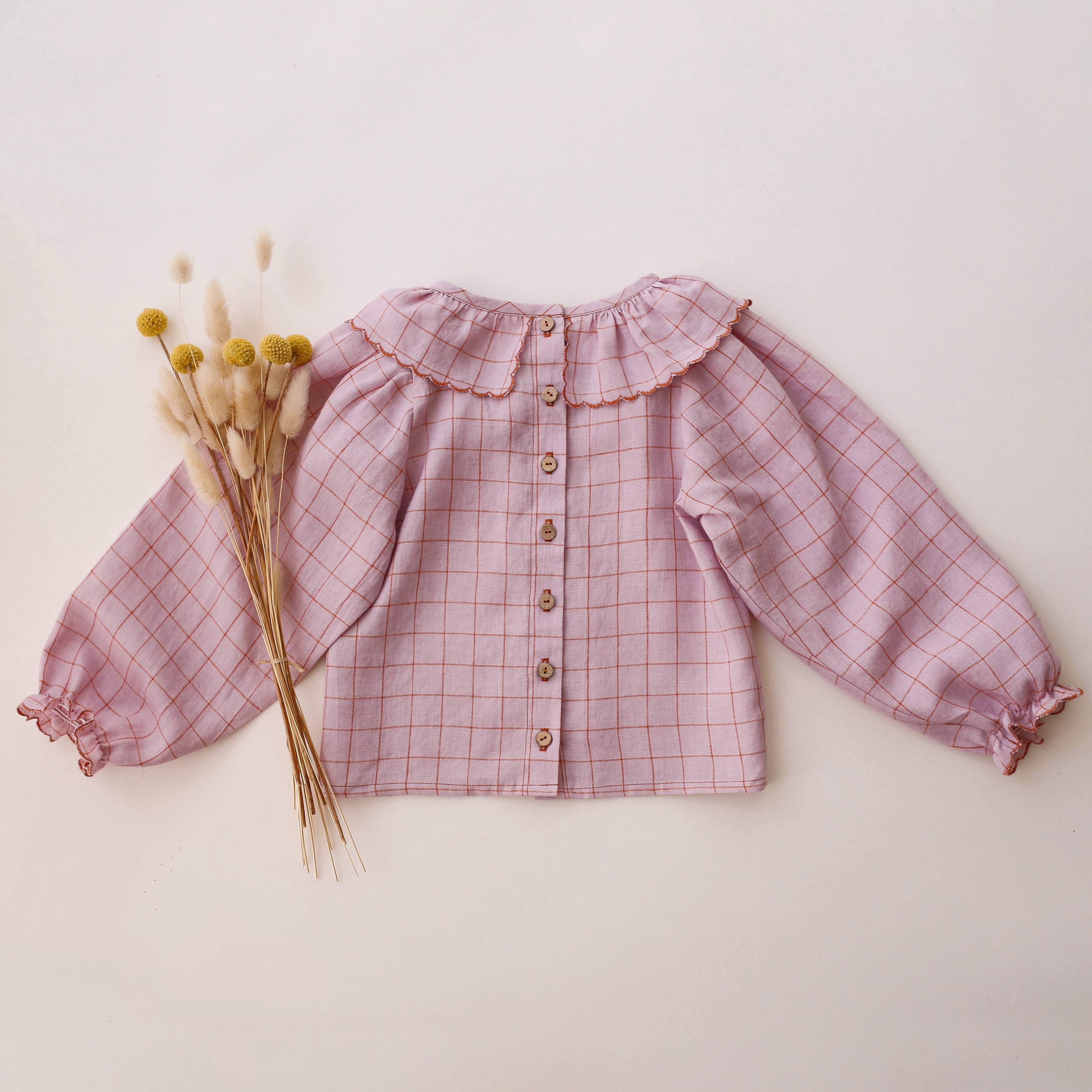 Powder Check Linen Bubble Sleeve Ruffle Collar Blouse