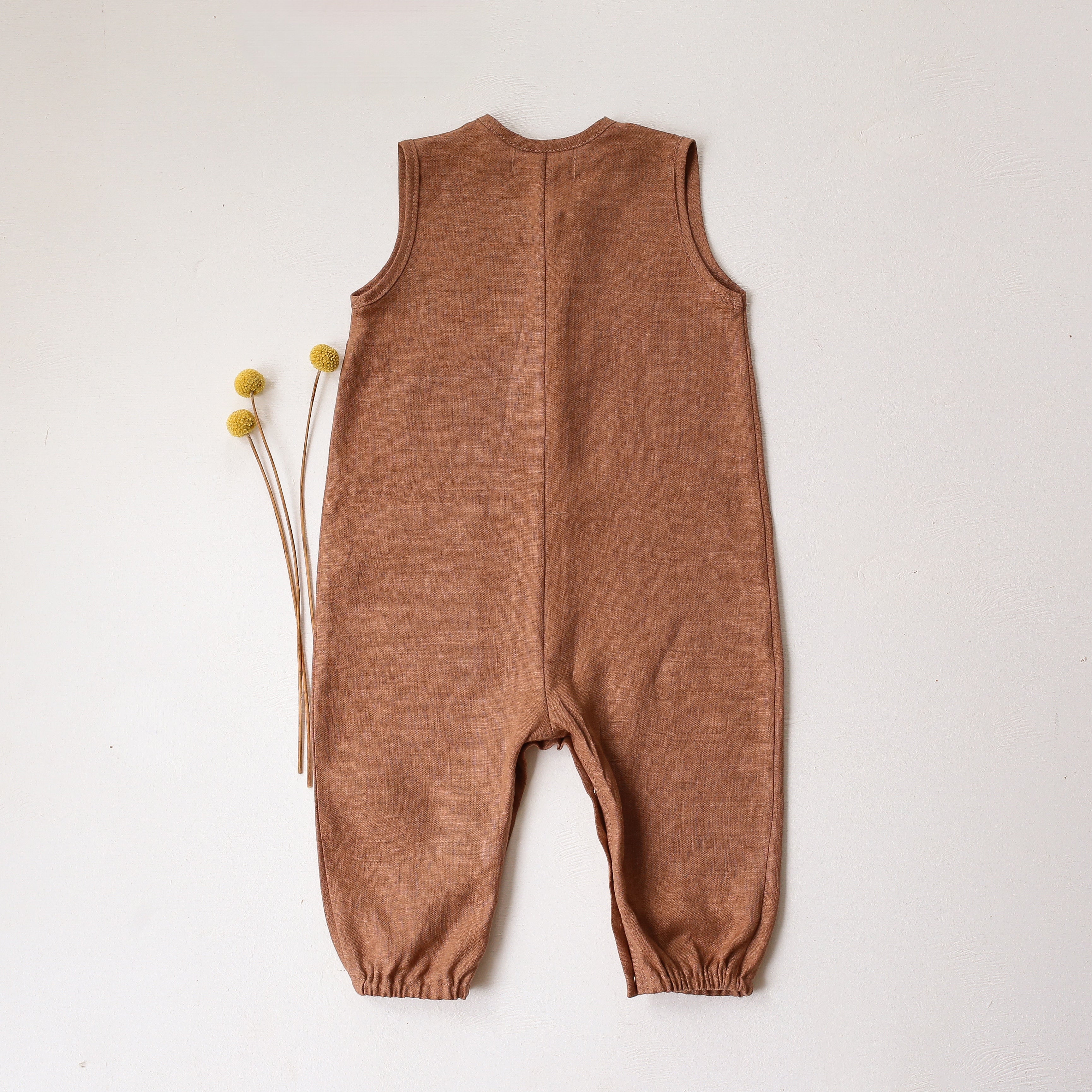 Cocoa Brown Linen Tank Buttoned Jumpsuit with Pockets