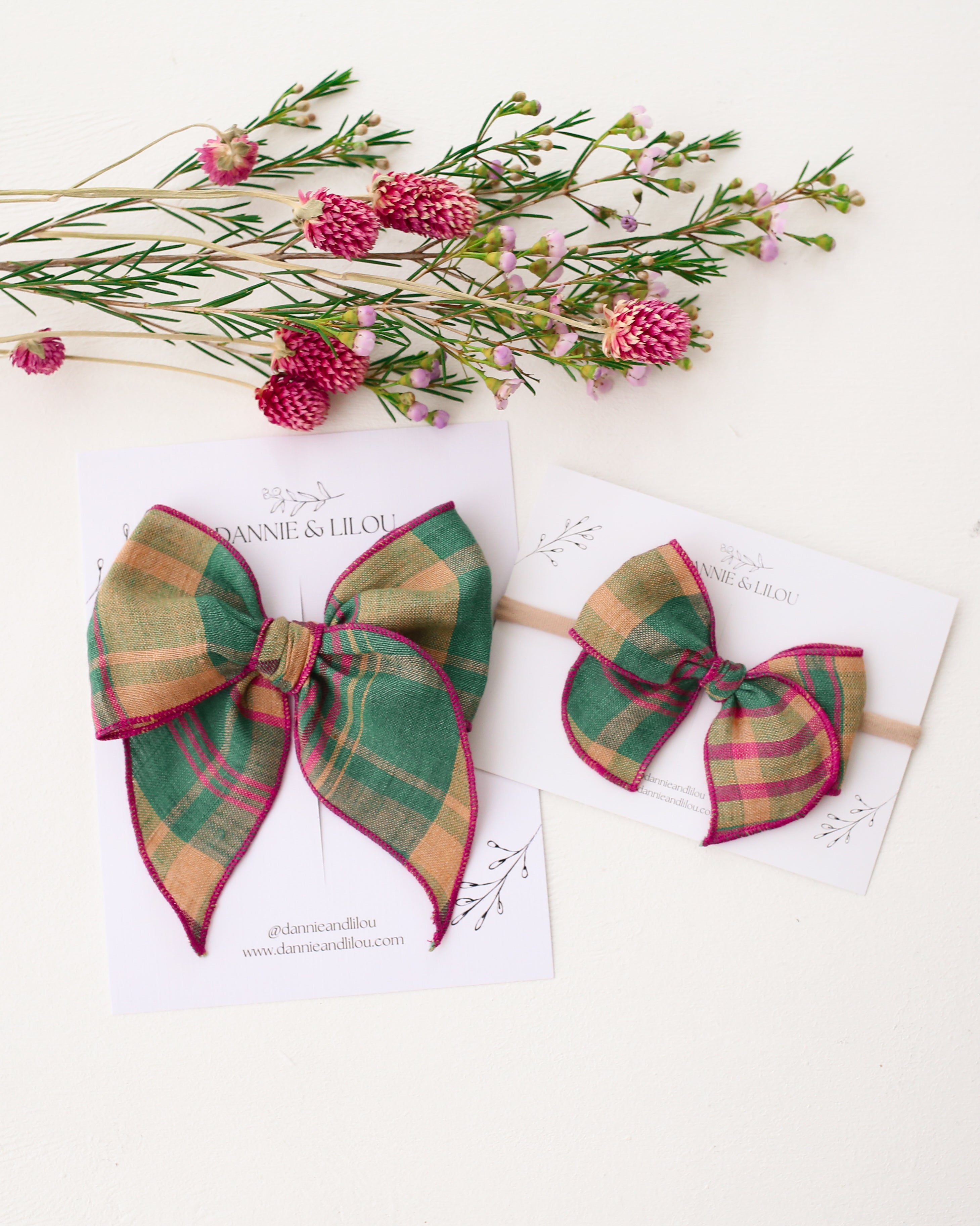 Whimsy Hair Bow in Mulberry Fern Check Linen