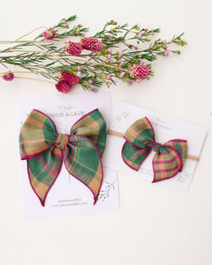 Whimsy Hair Bow in Mulberry Fern Check Linen