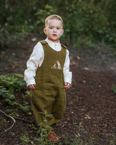 Pine Linen Front Pockets Overalls with "Mouse & Fox" Embroidery