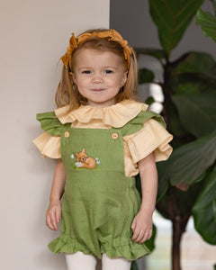 Butternut Check Linen Flutter Straps Romper with “Fox with Snowdrops” Embroidery