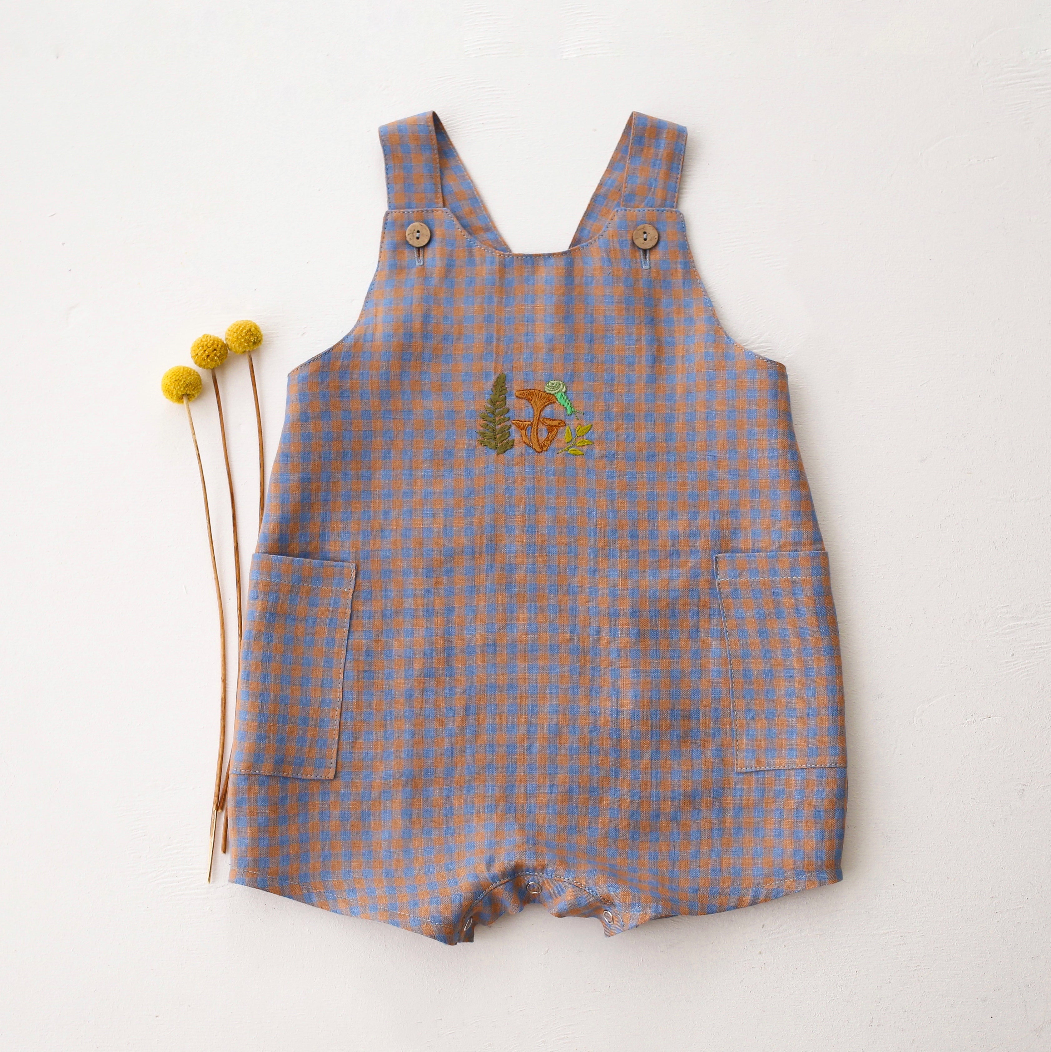 Blue & Peach Gingham Linen Button Front Jumpsuit with “Snail on Mushrooms” Embroidery