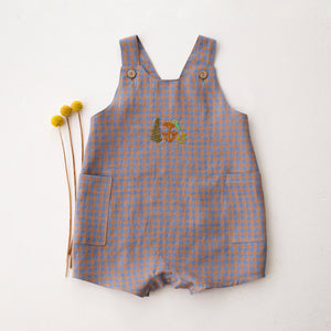 Blue & Peach Gingham Linen Button Front Jumpsuit with “Snail on Mushrooms” Embroidery