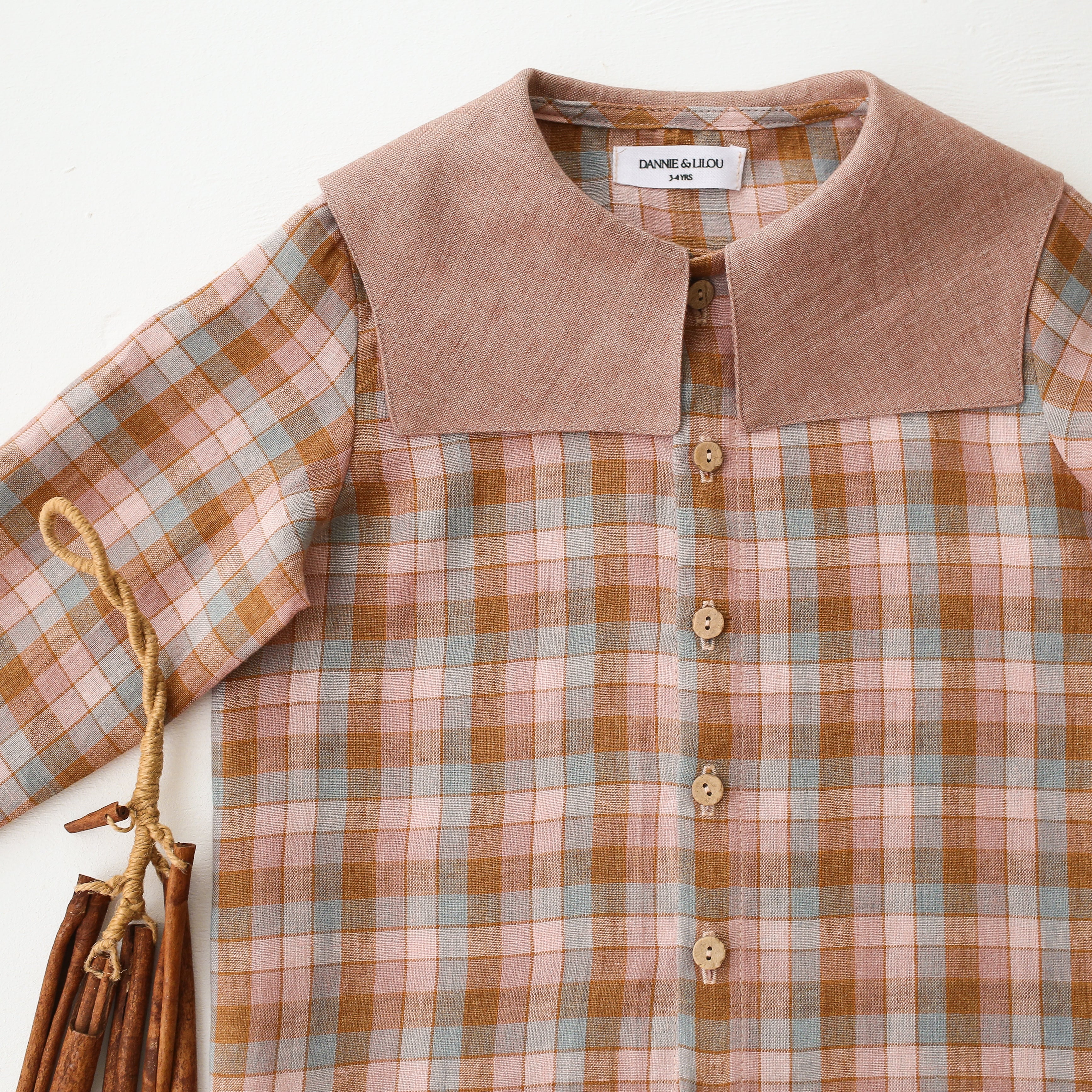 Hazel Rose Check Linen Long Sleeve Button Front Top with Square Collar in Rose Smoke Linen