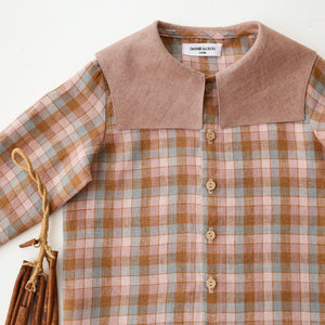 Hazel Rose Check Linen Long Sleeve Button Front Top with Square Collar in Rose Smoke Linen