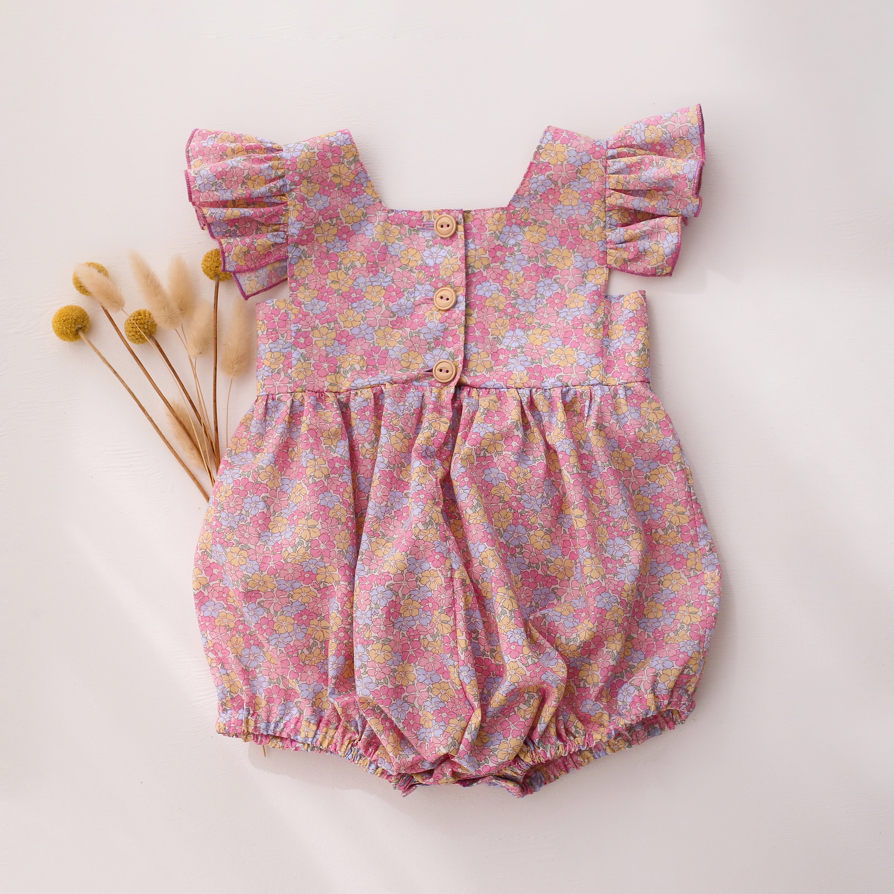 Flutter Sleeve Square Neckline Bubble Playsuit in Sadie Rose Liberty Print