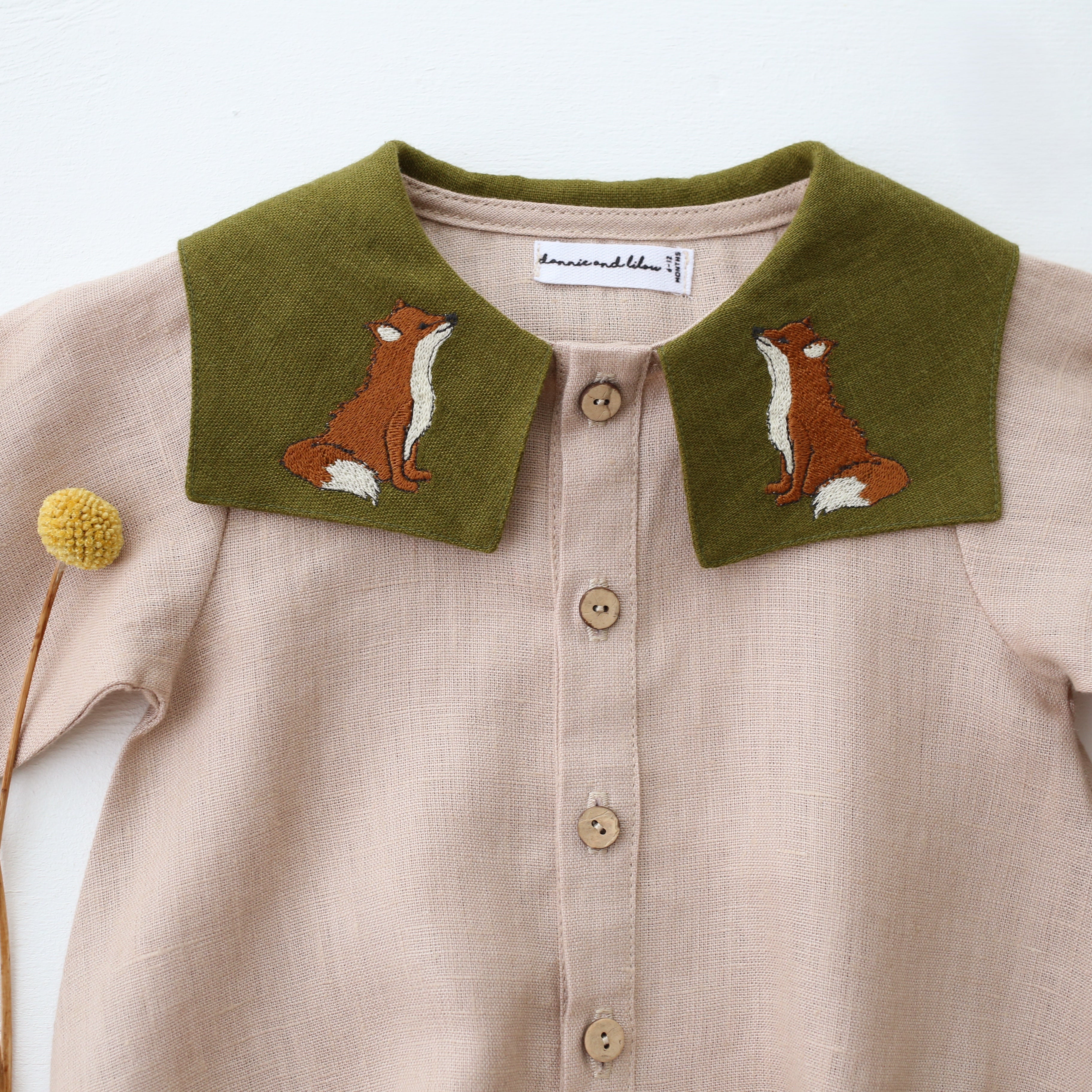 Beige Linen Long Sleeve Bubble Onesie with Square Collar in Pine Linen with "Little Fox" Embroidery