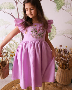 Powder Linen Flutter Sleeve Square Neckline Dress with "Wildflowers with Butterfly" Embroidery